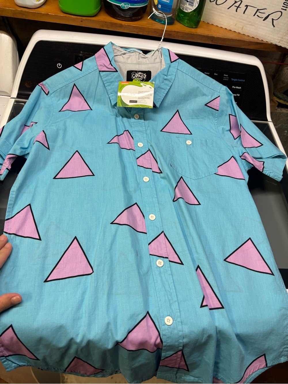 Nickelodeon rockos modern life Blue S-Sleeve Button-Up with Pink Triangle Print